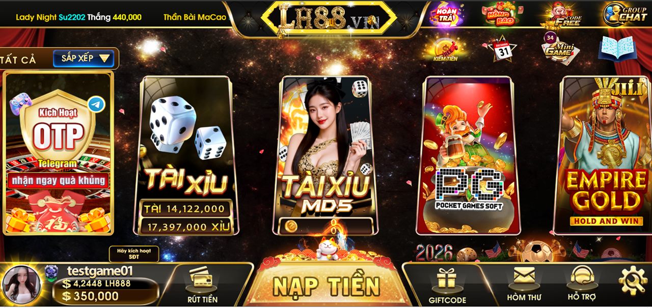 Sảnh game LH888 — Tài Xỉu MD5, Nổ Hũ, PG, JILI Empire Gold